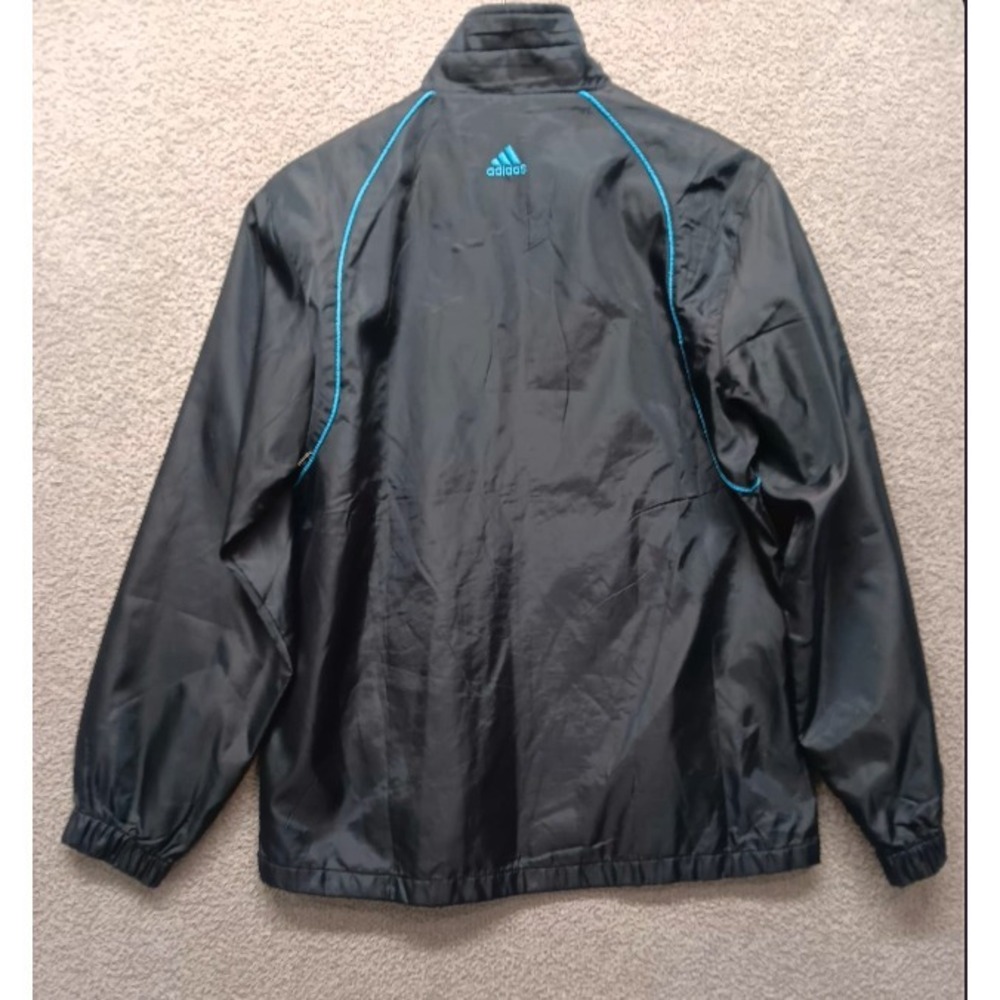 adidas Youth XXL / Men's S Windbreaker Jacket Black/Blue Mesh-Lined Zip Pockets - Picture 3 of 5